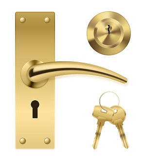 Door Handle Key Set Realistic door handle lock elements set with golden metal enclosure bunch of keys and separate keyhole vector illustration
